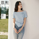 香影正肩掐腰t恤女短袖2025夏季新款立體花朵不規則天絲藍色上衣 藍色 L 165/88A/110-125斤
