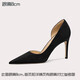 Lily Wei黑色側(cè)空高跟鞋御姐風(fēng)時(shí)尚細(xì)跟單鞋大碼女鞋夏新款情人節(jié)禮物 黑色絨面【跟高8cm】 37