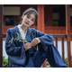花九卿居士服女佛教衣服中式漢服斜襟領(lǐng)棉麻套裝男女款練功打坐舒適袍 藏青色三件套 XL 建議130-145斤