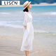 LISCN高端苧麻連衣裙女2025夏季新款白色文藝刺繡旅行沙灘棉麻中長(cháng)裙子 白色 M 建議110斤以?xún)? title=