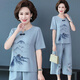 谷緹娜中年媽媽夏裝短袖t恤女新款中老年女裝洋氣減齡唐裝上衣兩件套裝 藍色山水套裝 2XL (建議105-120斤)