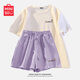 名創(chuàng)優(yōu)品（MINISO）運(yùn)動(dòng)套裝女夏季2025年新款純棉短袖小個(gè)子休閑夏裝搭配一整套女裝 奶白+紫色(幸運(yùn)愛心) M 160(不褪色不變形)