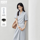 對白休閑通勤亞麻套裝裙女2025夏新款Polo領(lǐng)短袖上衣半身裙兩件套 海鹽藍 L