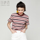 白鹿語(yǔ)夏季時(shí)尚撞色條紋短袖復古休閑圓領(lǐng)百搭T恤女 紅條  M 
