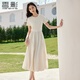 香影圓領(lǐng)短袖連衣裙女2025夏季新款米白色棉質(zhì)大擺收腰木耳邊裙子 米黃 S 155/80A/85-95斤