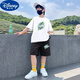 迪士尼（Disney）男童短袖套裝新款潮牌學生T恤夏季兒童休閑運動套裝 白色短袖+黑色短褲-China 140 建議身高125-135厘米