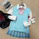 閃動少女（SHANDONGSHAONV）JK制服jk日系校供學生馬甲疊穿格裙毛衣背心套裝學院風針織衫上衣 v湖藍背心+長袖+璃海+粉波點領(lǐng)結(jié) XS