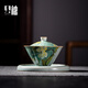 貝柚國(guó)風(fēng)復(fù)古冰裂釉三才蓋碗陶瓷茶碗開片純手繪斗笠功夫茶具 冰裂釉純手繪青荷-斗笠蓋碗+壺承