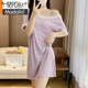 莫代爾睡裙女帶胸墊夏季薄款短袖寬松性感純欲露背蕾絲花邊中長(cháng)款睡衣女 淺紫色【不帶胸墊】 L 100-115斤
