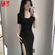 莜仙格復(fù)古連衣裙女2025春夏季新款氣質(zhì)修身純辣妹內(nèi)搭包臀裙開叉長裙女 黑色 XL 建議105-125斤