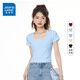 真維斯（JEANSWEST）夏季短袖t恤女2025新款爆款修身顯瘦方領(lǐng)高腰短款打底衫內(nèi)搭上衣 天藍(lán) 純色 XL