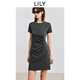 LILY2025夏新款格雷系極簡(jiǎn)風(fēng)不對稱(chēng)褶皺收腰休閑短袖T恤連衣裙女 501灰色 M