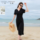 三彩大碼女裝2025夏季新款交叉綁帶小黑裙連衣裙V領(lǐng)短袖氣質(zhì)胖MM