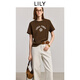 LILY2025夏新款女裝復古撞色字母四葉草印花短袖圓領(lǐng)休閑百搭T恤 710咖啡 S