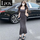 LPOX裙子女連衣裙女2025年夏季新款修身收腰設計感魚尾包臀短袖連衣裙 深灰色 S