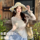 凡小如輕薄針織衫女春夏防曬罩衫V領(lǐng)新款寬松顯瘦長(zhǎng)袖上衣肌理感條紋t恤 杏色 L 【建議115-125斤】