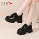 紅蜻蜓小皮鞋女鞋通勤單鞋女冬季加絨保暖厚底增高英倫風(fēng)蝴蝶結羊皮亮面 黑色（跟高7cm） 38