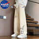 NASA MARVEL休閑直筒褲男夏季冰絲中國風情侶國潮春秋國風刺繡長褲 米白色 XL