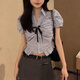 斤慕學(xué)院風(fēng)襯衫百褶裙夏季新款美式復(fù)古女設(shè)計感小眾上衣套裝裙 藍(lán)色襯衫+短裙 L
