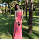 妙奕嘉吊帶紅色連衣裙女長裙女士裙子夏季2025新款海邊包臀裙純欲夏天 莓紅色吊帶長裙 XL 【建議105-125斤】