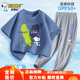 史努比（SNOOPY）童裝兒童短袖套裝男女童純棉t恤防蚊褲 靛藍字母+灰色皇冠  140