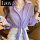 LPOX短款雪紡襯衫女外搭小披肩女夏季配子吊帶衣開(kāi)衫寬松上衣薄款 紫色 S