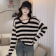AEMAPE長(cháng)袖套頭針織衫女2025年秋季新款寬松顯瘦毛衣撞色條紋上衣 黑杏條 均碼 建議80-130斤