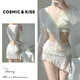 COSMICKISS泳衣女2025新款高級感比基尼顯瘦保守遮肚性感分體純欲度假溫泉 米白色 罩衫裙子+比基尼 均碼 【建議80-120斤】