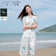 三彩大碼女裝2025夏新款V領(lǐng)印花連衣裙短袖收腰清新蝴蝶結胖MM