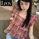 LPOX復古紅色格子方領(lǐng)襯衫女夏季甜美減齡別致小飛袖襯衣法式無(wú)袖上衣 533紅色格子 S 75斤95斤