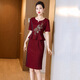 紫魅俏2025年春夏季新款婚禮媽媽裝連衣裙遮肚假兩件喜婆婆高貴時(shí)尚禮服 酒紅色【短袖】 2XL (建議120-130斤)