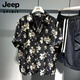 JEEP SPIRIT港味痞帥印花短袖襯衣男大碼300斤夏季寬松復(fù)古時尚襯衫上衣 黑色 XL 建議135-165斤