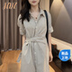 JZDZ韓式系帶短袖襯衫裙子女2025夏季新款翻領(lǐng)條紋收腰氣質(zhì)長裙連衣裙 條紋裙 M 建議110-125斤