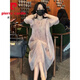 皮爾卡丹（pierre cardin）正宗真絲連衣裙2025夏季新款透氣寬松顯瘦印花系帶桑蠶絲復(fù)古長裙 煙灰粉 M 建議106-120斤
