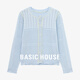 Basic House/百家好韓系鏤空針織開(kāi)衫女春季寬松撞色圓領(lǐng)外搭上衣 井天藍 L