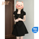 JZDZ黑色連衣裙女夏季a字絕美感小黑裙顯瘦收腰小個(gè)子短裙子套裝 黑色方領(lǐng)連衣裙 M