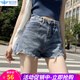 歐貝汐牛仔短褲女夏季女式超短褲高腰寬松學(xué)生破洞a字女士熱褲外穿褲子 復(fù)古藍(lán) L