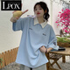 LPOX夏季華夫格polo衫女短袖t恤學生韓版寬松中長款學院風刺繡ins上衣 淺藍色 S 【70-90斤】