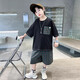 哈羅小黃鴨（G.DUCKKIDS）男童夏季套裝2025新款夏裝兒童衣服夏款洋氣大童短袖帥氣男孩童裝 黑色(短褲版) 120 cm 建議40-50斤