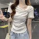 衣然呈品紐結(jié)設(shè)計鎖骨短袖T恤女夏季薄款甜美褶皺修身體恤時尚半袖上衣女 白色 M 【建議90-110斤】