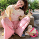 小野七天休閑褲女直筒褲夏季胖妹妹闊腿格子褲2025年新款純欲甜妹寬松顯瘦 粉色格子 M [90-110斤]