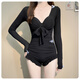 桂岐泳衣女保守泡溫泉帶罩衫兩件套遮肚顯瘦長(cháng)袖防曬沙灘度假泳裝 黑色 均碼 （建議80-120斤）