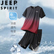 JEEP SPIRIT吉普套裝男夏季T恤短褲兩件套休閑大碼運動(dòng)男裝 黑紅 5XL