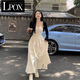 LPOX裙子女2025年夏季新款綁帶吊帶連衣裙女收腰A字款長袖連裙子女 黑色外搭+杏色吊帶裙[倆件套] M [建議體重90-105斤]