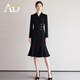 AD春季長袖連衣裙女氣質(zhì)藍色職業(yè)裝西裝裙2025新款收腰包臀魚尾裙 黑色連衣裙 S