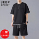 JEEP SPIRIT吉普休閑運動(dòng)套裝男士夏季華夫格短袖T恤短褲兩件套 黑色  XL 