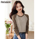品彩（PinCai）打底衫女秋冬德絨插肩袖條紋打底衫女士減齡長(cháng)袖T恤P144T3002