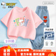史努比（SNOOPY）男女童短袖t恤牛仔褲兩件套兒童短袖套裝  粉色FUN+淺藍(lán)愛心 150