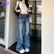 DALEY MODE復(fù)古微喇牛仔褲女2025新款美式高街低腰寬松直筒闊腿拖地喇叭褲子 復(fù)古藍(lán)長(zhǎng)褲 S