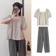 苒琦媽咪孕婦套裝夏裝高級感棉麻娃娃衫短袖上衣休閑哈倫褲孕婦兩件套夏季 灰色上衣+灰色褲子（兩件套） XL